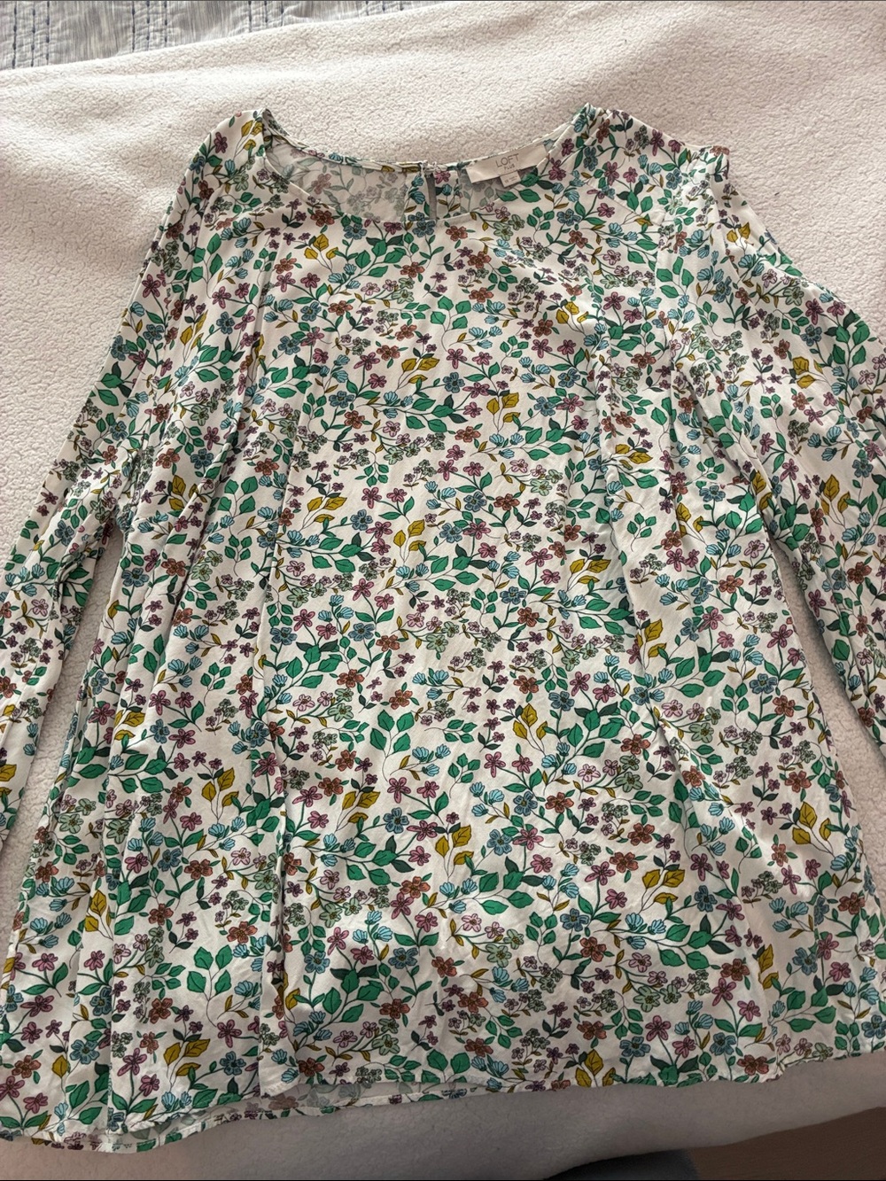 LOFT White Floral Long-Sleeve Kids Dress with Green & Pink Print